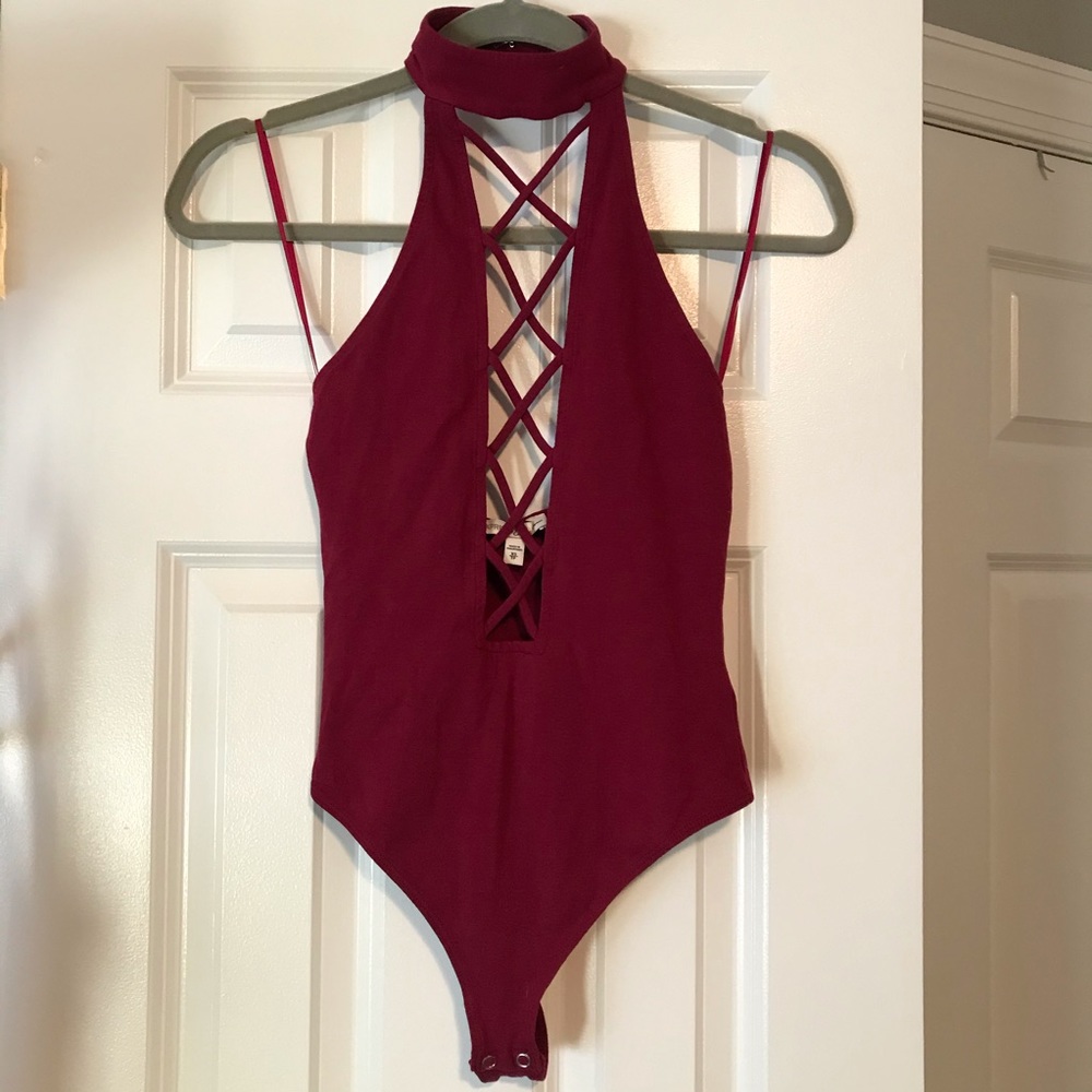 Burgundy Criss Cross Deep Plunge